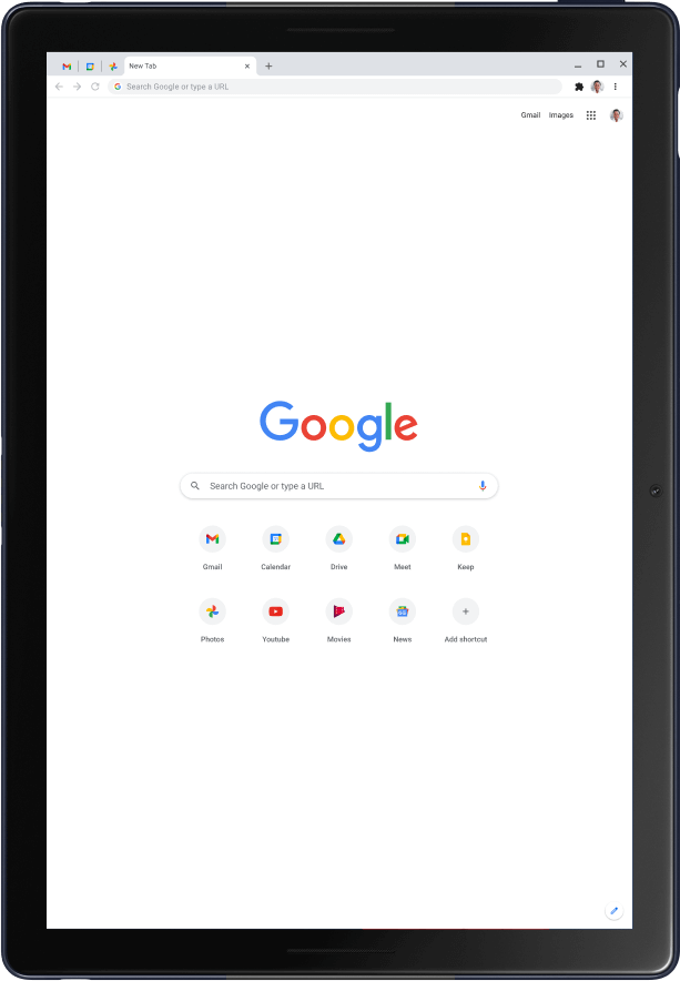 Máy tính bảng Pixel Slate ở chế độ dọc, đang hiển thị trang chủ Google.
