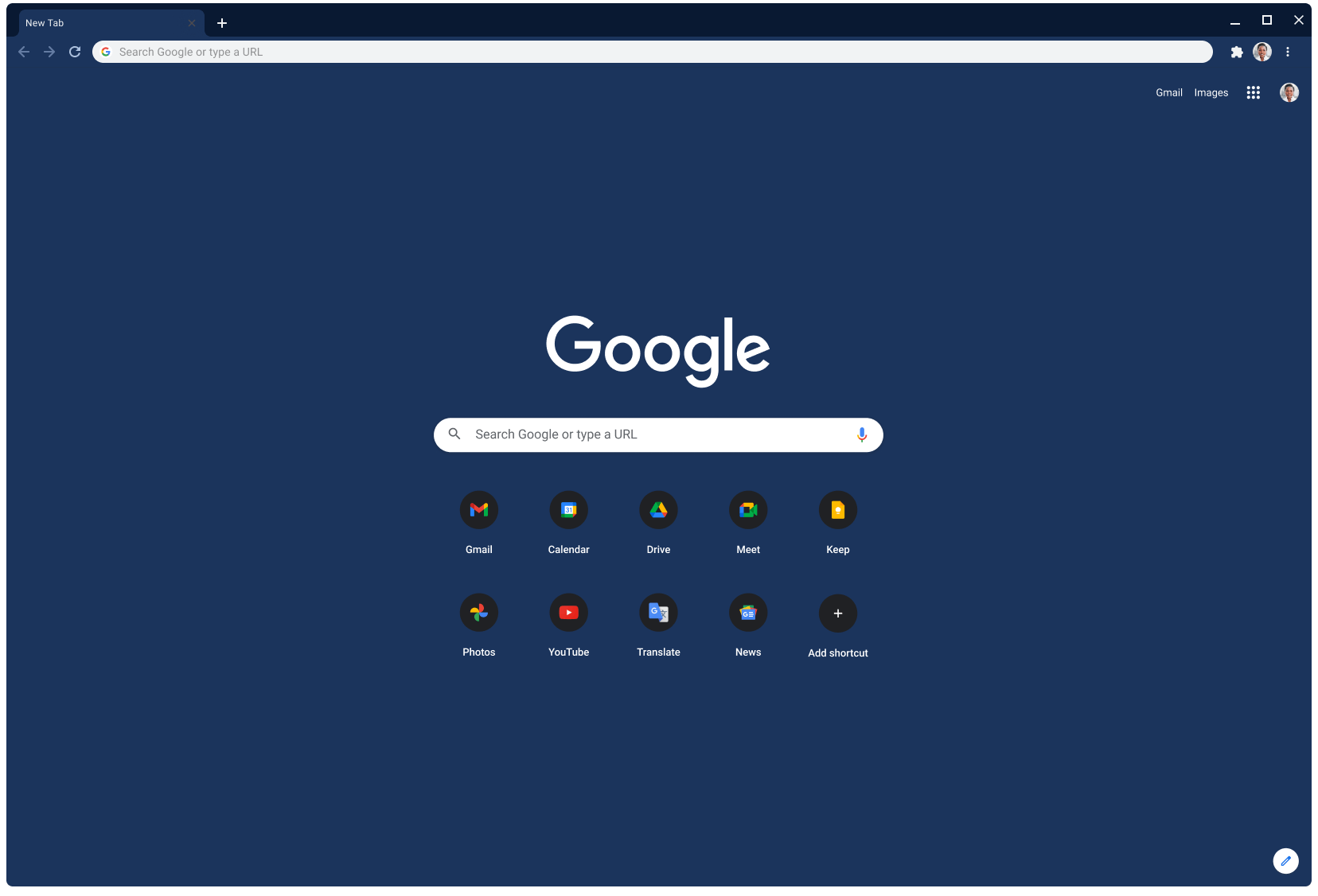Cửa sổ trình duyệt Chrome đang hiển thị Google.com với giao diện xám đen.