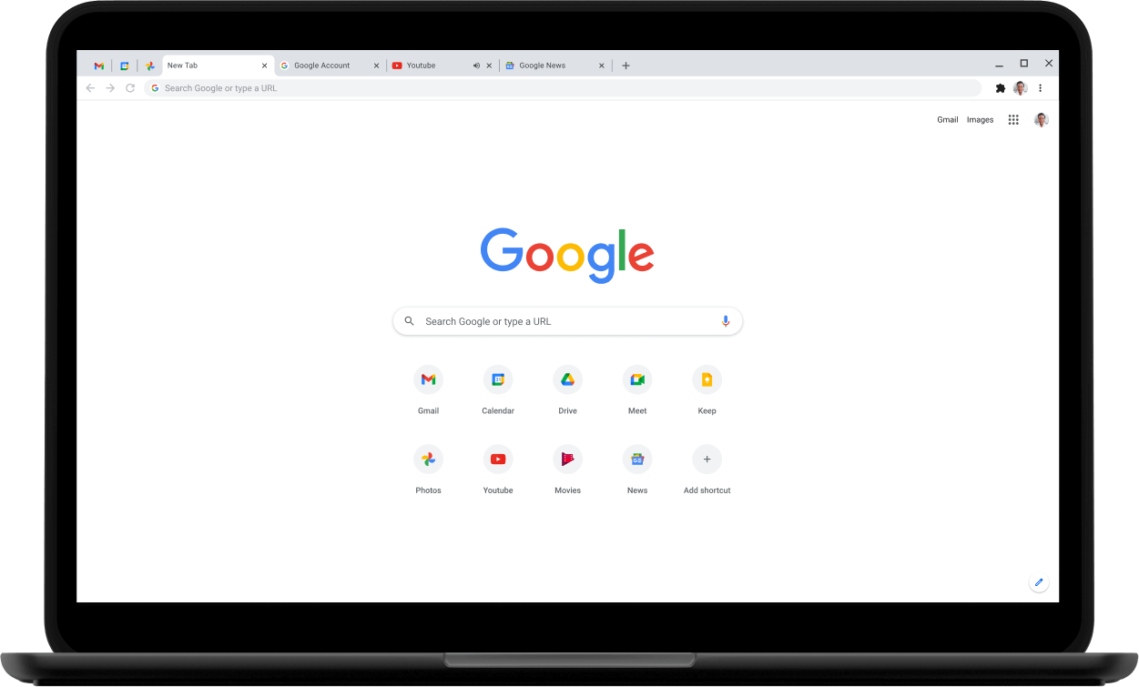 Góc trên cùng bên trái của máy tính xách tay Pixelbook với màn hình đang hiển thị Google.com.