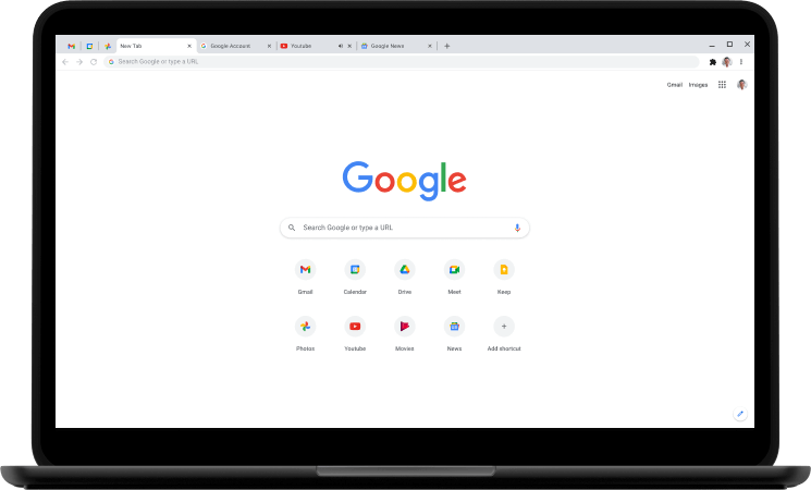 Máy tính xách tay, đang hiển thị trang chủ Google.com.
