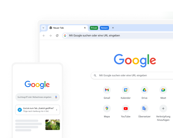 Auf einem Mobilgerät und einem Desktop-Computer wird die Google-Startseite in Chrome angezeigt.