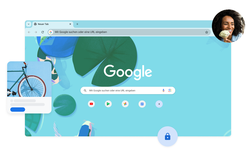 Im Hintergrund der Google Suche ist eine blaue Illustration mit einem Fisch in einem Koi-Teich zu sehen. In einer Ecke ist ein Foto einer Frau.