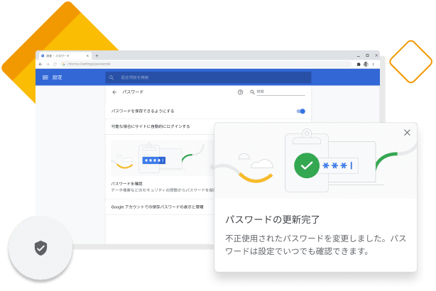 不正使用されたパスワードがパスワード マネージャー機能によって更新されたことを示している Chrome のウィンドウ。