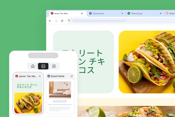 同じレシピのウェブサイトがさまざまなデバイスに表示され、Chrome にログインすればどのデバイスでも同じタブにアクセスできることが示されている