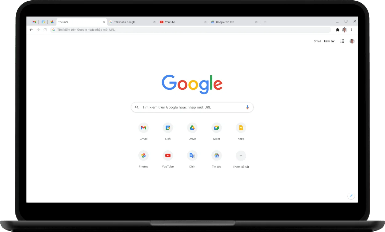 Góc trên cùng bên trái của máy tính xách tay Pixelbook với màn hình đang hiển thị Google.com.