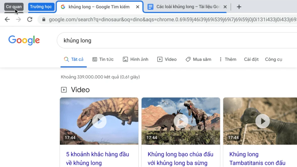 Cửa sổ trình duyệt Chrome hiển thị cách thu gọn một nhóm thẻ.